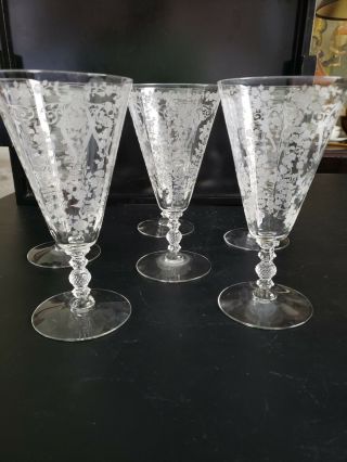 6 Vintage Etched Wine / Water Glasses Crystal Short Stems Hand Made