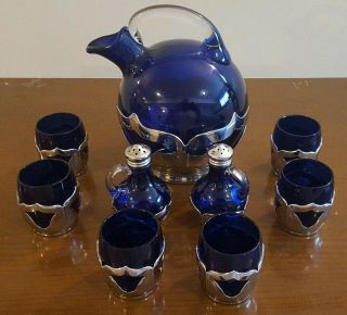 Vintage Farber Bros Chrome & Cobalt Decanter Set With 6 Cordials & Two Shackers