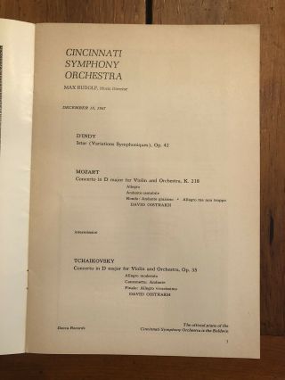 David Oistrakh Violin Violinist Concert Program 1967 Tchaikovsky Mozart Concerti