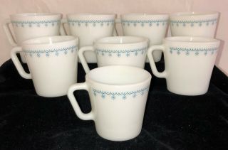 8 Corelle Pyrex Snowflake Blue 3 1/4 " Mugs