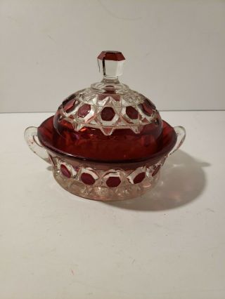 Vintage Depression Glass Red/clear Candy Dish With Cover Heavy Euc