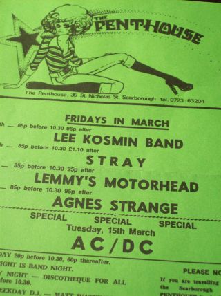 Ac/dc Lemmys Motorhead 1977 Flyer Poster Bon Scott Stray Ex Cond Nwobhm