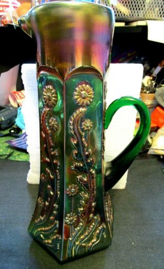Antique Green Dandelion Pattern Carnival Glass Tankard Pitcher