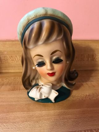 Vintage Trimont Ware Japan Lady Head Vase Green Beret Earrings Chip