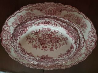 Antique Bristol Pink Crown Ducal.  2 Vegetable Bowls And Large Serving Platter