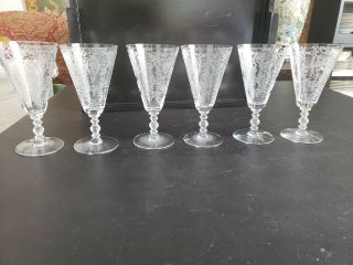 6 Vintage Etched Wine Glasses Crystal Short Stems Hand Made