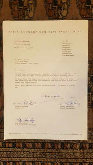 John D.  Lamond’s Letter From Australian Film Director George Miller (mad Max)