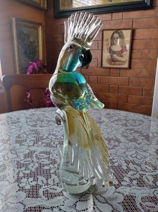 Vintage Murano Art Glass Cockatoo Bird Figurine,  13 " Tall