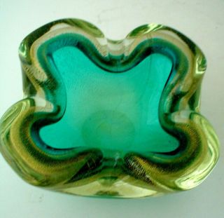 Vintage Mid Century Modern Murano Art Glass Geode Aqua Blue Dish Gold Inclusions