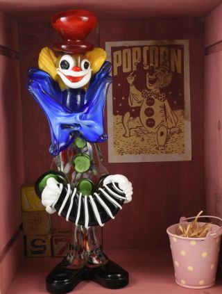 Vintage Murano Glass Clown Sculpture Playing Accordion 12 "
