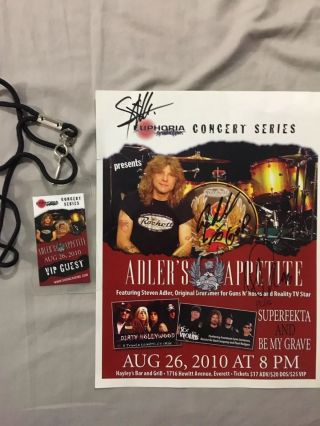 Steven Adler Guns N’ Roses Signed Show Poster And Vip Pass Laminent Slash Axl