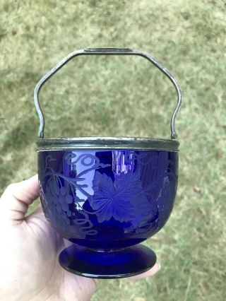 Antique Cobalt Blue Hawkes Cut Glass Compote Bowl Grape Vine Sterling Silver