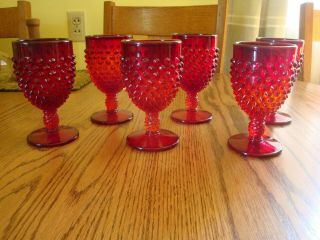 Set Of (6) Vintage Fenton Ruby Red Hobnail Wine Goblet Glasses (4 W/paper Label)