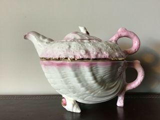 Belleek Irish Pink Neptune Shell Footed Tea Cup & Teapot For One,  3 - Piece Set