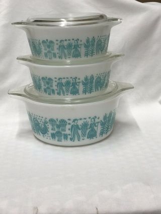 Vintage Pyrex Butterprint Turquoise On White 1 - 474 And 2 - 472 With Lids