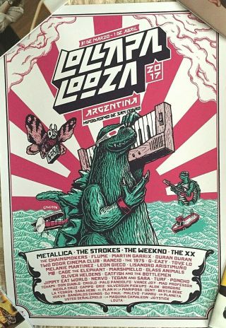 Lollapalooza Argentina Godzilla Poster 2017 Signed And 