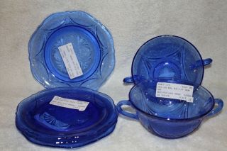 (2) Royal Lace Cobalt Cream Soup Bowls And (4) Royal Lace Cobalt Sherbet Plates