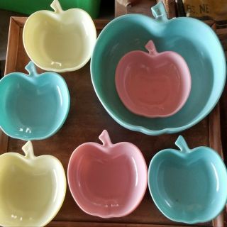 Vintage Hazel Atlas Orchardware Milk Glass Apple Bowl Set Salad 1960s