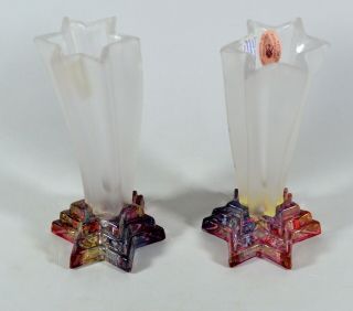 2 Rare Rueven Nouveau Art Glass Co.  Starburst Star Candlestick Candle Holders 6 "