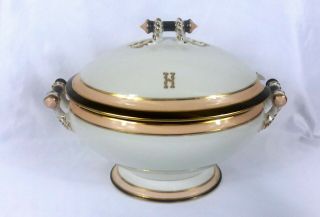 Antique Limoges Covered Soup Tureen Wedding Ring Pattern Black,  Pink And Gold
