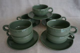 Russel Wright Steubenville Cedar Green Coffee / Tea Cups (7) And Saucers (5)