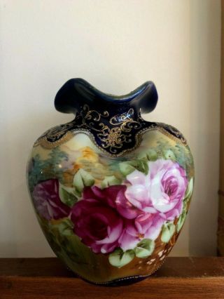 Vintage Nippon Painted Vase Cobalt Blue Deep Pink Roses Gold Moriage Pinched Top