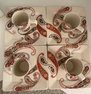 4 Tabletops Gallery Multi Paisley 10 1/2” Dinner Plates Hand Painted And 4 Cups
