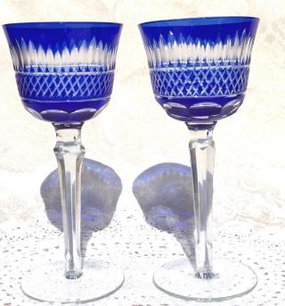 Two Wine Goblet Cobalt Blue Cut To Clear Crystal Long Stem 7 - 1/2 "