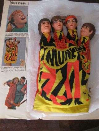 1966 Vintage Mattel 4 Monkees Heads 4 Fingered Hand Puppet Toy: