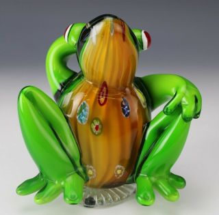 Murano Italy Studio Blown Cased Millefiori Green Stripe Art Glass Frog Sculpture