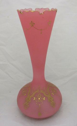 Bohemian Pink Opaline Glass Vase With Raised Gilding Decoration 32.  5cm