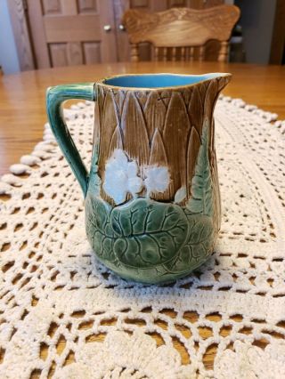 Antique Majolica Pottery Water Pond Lily Ferns Creamer Pitcher Holdcroft 4.  5t×4w