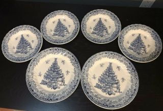 Vintage Blue Queen’s Myott Christmas Seasons Greetings Holiday Tree 6 Plates