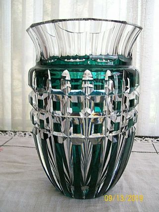 Vintage Val St.  Lambert Green/clear Cut Crystal Vase / 6 Lbs & 8 " Tall