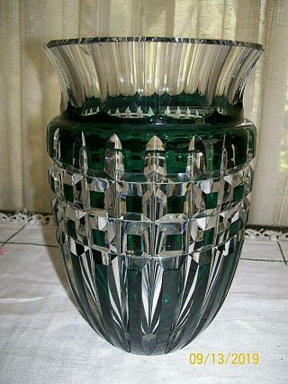 Vintage Val St.  Lambert Green/Clear Cut Crystal Vase / 6 lbs & 8 