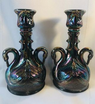 2 Vtg Fenton Iridescent Carnival Glass Swan Candlesticks Amethyst Candle Holders