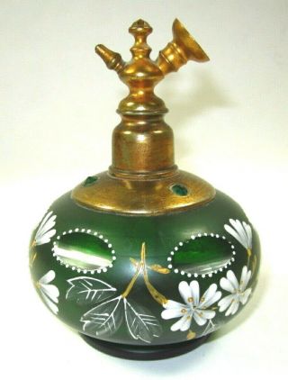 Antique Moser Glass Green Painted Perfume Atomizer Bottle
