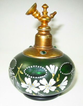 Antique Moser Glass Green Painted Perfume Atomizer Bottle 2