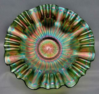 Fenton Stippled Rays Green Carnival Glass 9 " Three - In - One Edge Bowl 6964