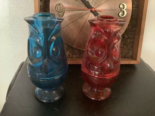 Pair Viking Ruby Red Owl Fairy Lamp Glass Candle Glimmer Light Retro Vtg