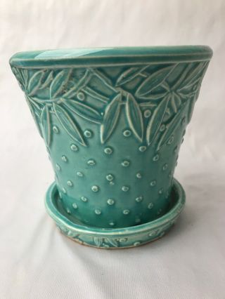 Nelson Mccoy Hobnail Leaf Art Pottery Planter W/ Saucer 5.  5 " H Turquoise Vintage