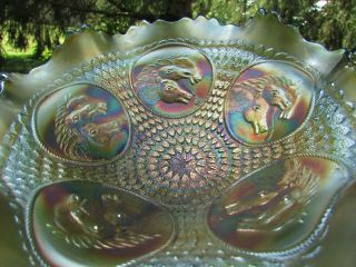 Fenton Horse Medallion Antique Carnival Art Glass Ftd Ruffled Bowl Green