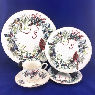 Lenox Winter Greetings 5 Piece Setting Christmas Holiday Plates Cup Red Bird Nwt