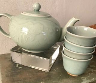 Signed Chinese Celadon Koi Fish Zhongguo Longquan Teapot And Cups Greenware