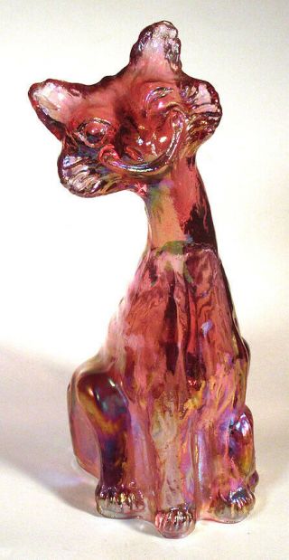 Vintage Fenton Figurine Alley Cat Rose Pink Carnival Glass Iridescent