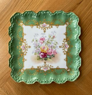 Ls & S Limoges France Porcelain Green Square Tray With Flowers 10 "