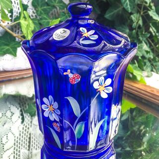 Vintage Fenton Cobalt Designer Box Jar W/lid Hand Painted Signed Daisy Lady Bug