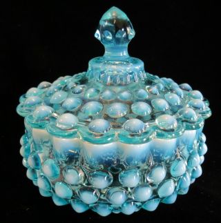 Fenton Blue Opalescent Hobnail Covered Candy Dish