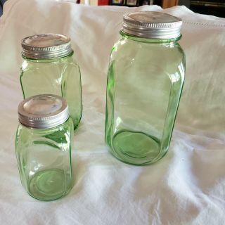 Vintage Depression Green Glass Anchor Hocking 3 Piece Canisters/jars