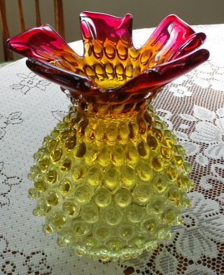 Rare Vintage Fenton Yellow Hobnail Vase With Cranberry Rim